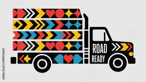 Bright graphic truck ready to hit the road with hearts and stars for a fun delivery or creative transportation concept now