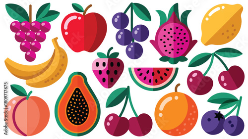 A colorful and diverse assortment of fresh, healthy fruits, beautifully illustrated in a clean flat design, perfect for natural eating and well-being themes