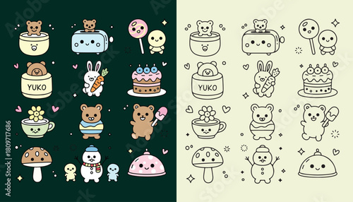 Adorable kawaii characters and objects vector illustration set