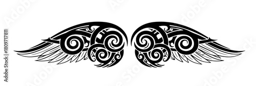 Intricate black tribal wings design featuring symmetrical Maori-inspired spirals and sharp feather details in a bold tattoo style