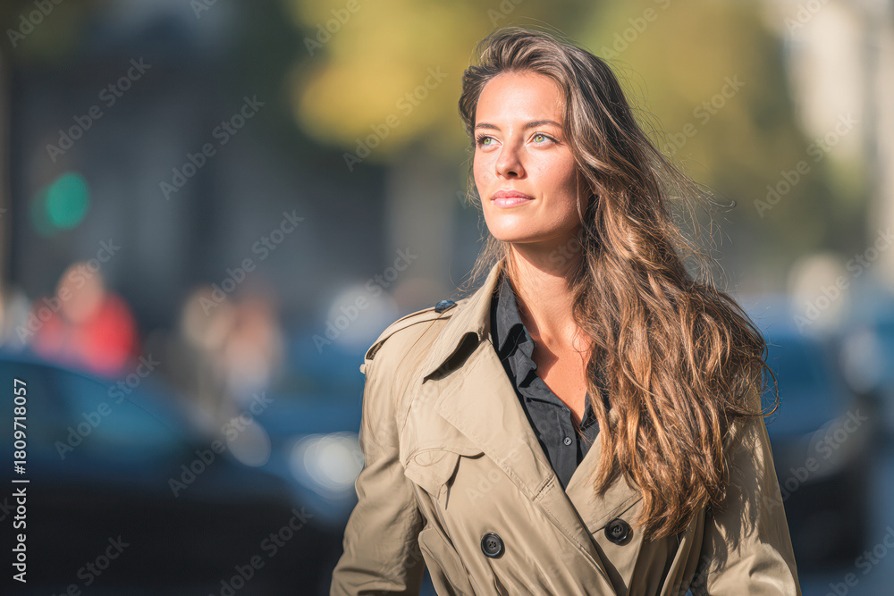 Fototapeta premium A stylish woman walks confidently in the sun, wearing a beige trench coat with long, flowing hair, surrounded by a blurred urban backdrop.