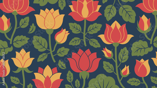 Elegant floral pattern design with vibrant red and yellow blooms on a navy background, perfect for creating captivating textiles and backgrounds
