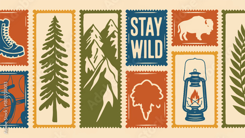 Vintage Travel Stamp Banner with Outdoor Icons Adventure, Nature, and Exploration Concept