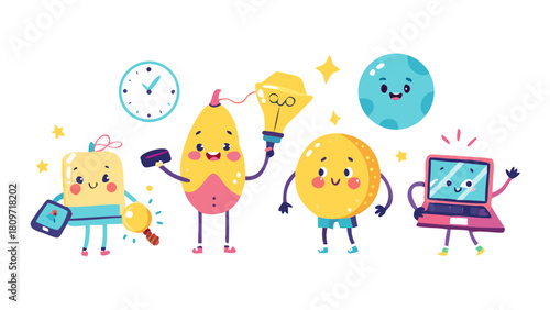 Vector set of cartoon illustration of cute happy smile geometric character with laptop, light bulb, phone, clock and barbell. Flat style child doodle design of different abstract kid character set .