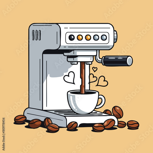 Modern coffee maker brewing a steaming cup with charming hearts amidst roasted beans on a warm backdrop