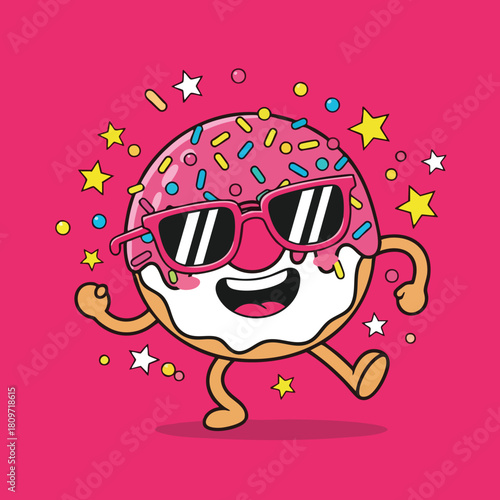 A cheerful cartoon donut with pink frosting and sprinkles wearing stylish sunglasses dancing on a vibrant pink background