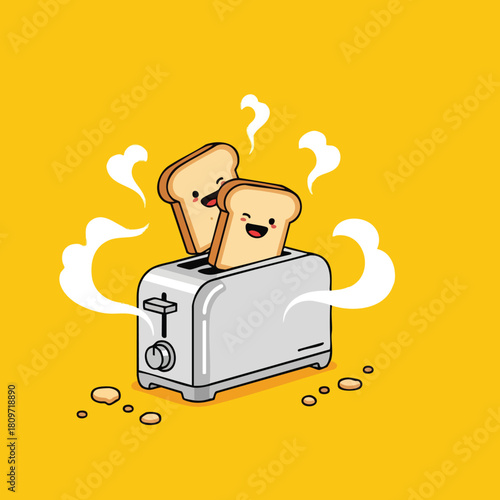 Whimsical cartoon toaster with happy bread slices popping out on a vibrant yellow background creating a playful breakfast scene for food