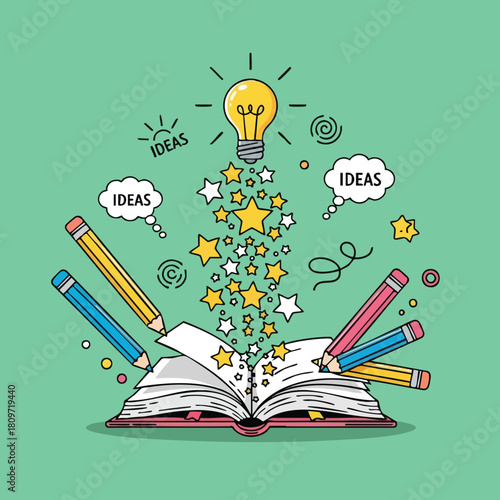 An open book erupting with glowing ideas and creative inspiration presented through playful doodles and vibrant imagery against a soft pastel