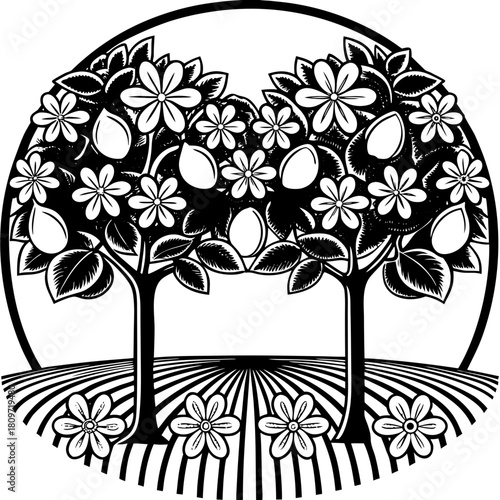 Stylized black and white trees with fruit and flowers in a field