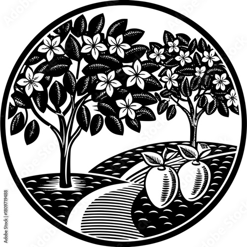 Circular emblem of blooming orange trees and fruit