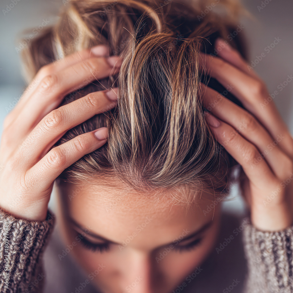 Fototapeta premium A woman with long hair holds her head in distress, conveying a sense of anxiety or stress.