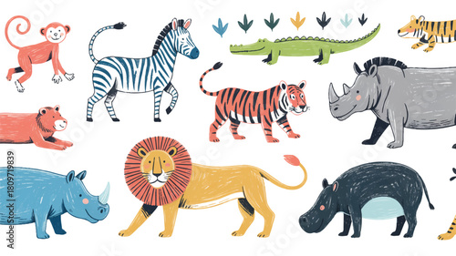 A whimsical hand-drawn illustration featuring a seamless pattern of colorful jungle and safari animals like lions, tigers, and zebras