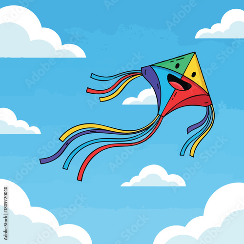 A vibrant, anthropomorphic kite soaring joyfully through a clear blue sky adorned with fluffy white clouds perfect for outdoor fun and childhood
