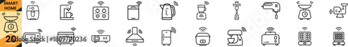 Smart home appliances and connected kitchen gadgets, a comprehensive line icon set representing modern domestic technology. Vector