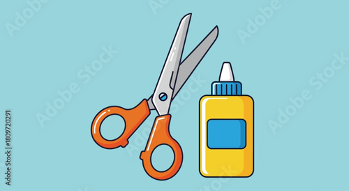 Illustration of open scissors with orange handles next to a yellow glue bottle on a light blue background.