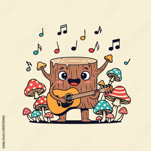 Whimsical Musical Tree Stump Serenade Amidst Enchanting Mushroom Grove Delightful Woodland Performance
