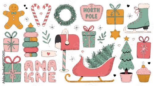 A collection of whimsical watercolor illustrations with Christmas and winter-themed elements and objects for design