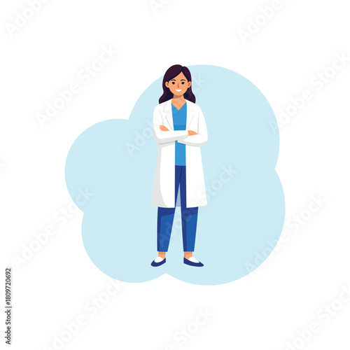 Female Doctor in White Coat Standing with Confident Pose – Flat Medical Vector Illustration