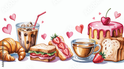 Delicious Breakfast Spread with Coffee, Croissant, Sandwich, Cake, and Toast, Adorned with Hearts