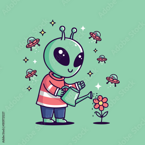 Cartoon alien lovingly waters a blooming flower with a watering can amidst a sky filled with tiny flying saucers representing intergalactic