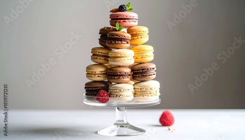 ガラススタンドに積まれたカラフルマカロン｜Colorful macaron pyramid on glass stand
