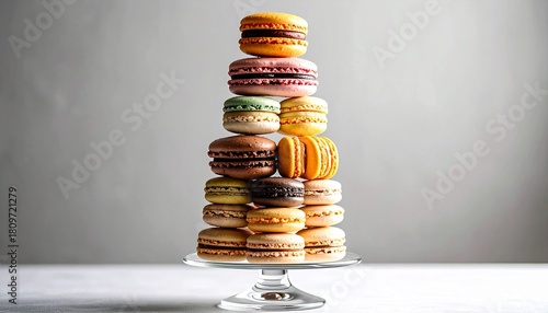 ガラススタンドに積まれたカラフルマカロン｜Colorful macaron pyramid on glass stand
