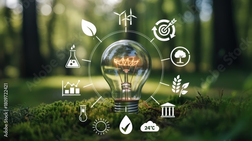 Wallpaper Mural Illuminated incandescent bulb sits on moss surrounded by circular ecological concept icons Torontodigital.ca