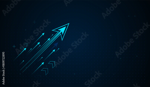 A bright, modern arrow leads a group of smaller arrows upward, showcasing themes of leadership, rising data trends, and cutting-edge technological growth. Business and Finance