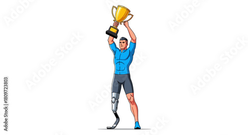 Triumphant Man with Prosthetic Leg Holding Trophy Success Concept