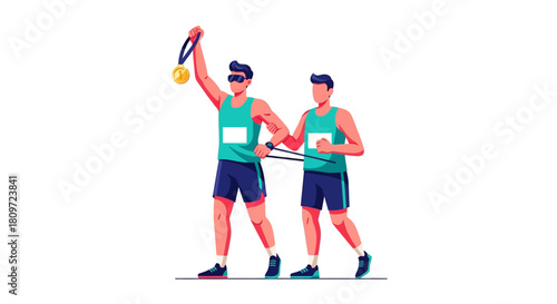 Triumphant Marathon Runners Celebrating Victory with Gold Medal and Support Concept