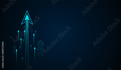 The glowing arrows ascends through a dark tech-themed background, symbolizing digital transformation, momentum, and continuous improvement. Vector illustration