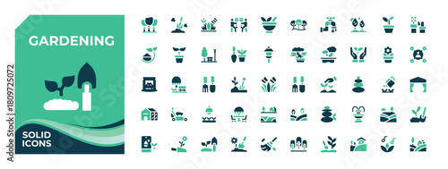 Set of Gardening colorful solid icon. Contain filled sign grow, shovel, flower, tree and more. Collection for mobile and web apps. Grow filled icon set. Pictogram and infographic.