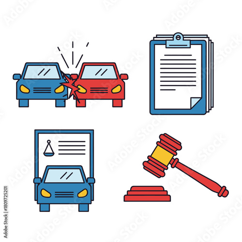Illustration of a car accident, insurance claim, and legal proceedings.