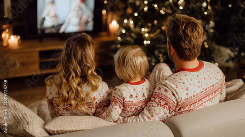 Family of three in matching Nordic-pattern pajamas enjoying a cozy holiday morning together while watching a classic movie in a warm home setting