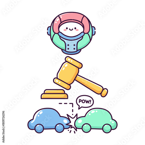 Cute cartoon illustration of a judge in a helmet overseeing a car crash with a gavel.
