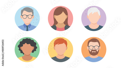 flat avatar icons of diverse people in pastel circles, minimal style for ui, social media, and team representation