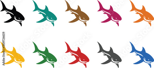 Stylized shark icons in diverse colors fish, Multicolor shark illustration set