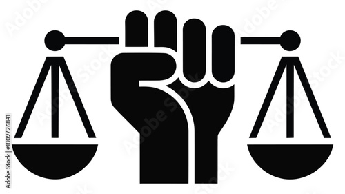 black silhouette of raised fist holding justice scale in bold style, symbolizing equality, empowerment, and legal rights