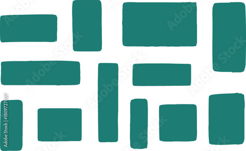 Collection of abstract teal rectangles and squares in various sizes and orientations