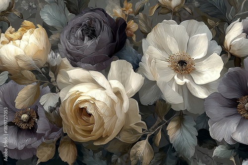 Chic and elegant seamless pattern flowers with grey and cream roses, anemones, and peonies, along with leaves and foliage, fantasy flowers, oil painting style