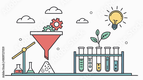 Innovative process concept transforms ideas into growth, featuring gears, a funnel, test tubes, and a sprouting plant for business solutions, originally a vector
