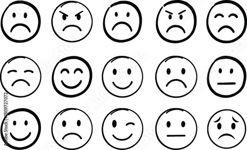 Collection of hand drawn smiley face emoticons expressing various emotions and moods