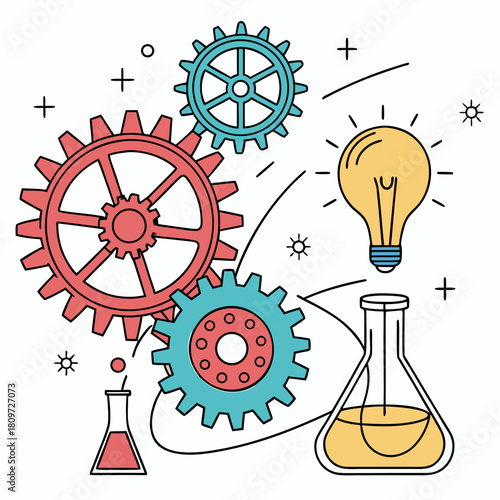 Dynamic process of innovation and discovery, combining scientific research with brilliant ideas, featuring gears and lab equipment, ideal for collaboration