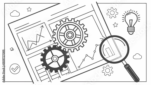 Strategic business planning with data analysis, innovation, and growth potential with gears, graphs, magnifying glass, and lightbulb for success