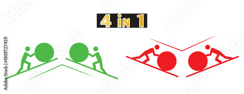 Hard Work and Challenge Concept Icons, People Pushing Large Boulders Uphill, Effort Difficulty and Perseverance