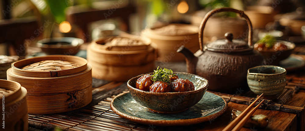 Fototapeta premium Elegant restaurant interior with siomay dimsum served on the table, bamboo baskets, teapot and cups, modern Asian dining atmosphere, warm golden lights, cinematic composition