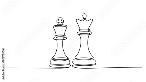 minimalist line art of chess king and queen pieces in continuous stroke style, symbolizing leadership, strategy, and power