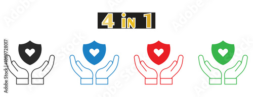 Health and Life Insurance Protection Icon, Cupped Hands Holding Shield with Heart Symbol, Love Care and Security Concept