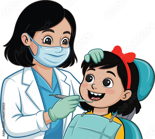 Cartoon dentist treating smiling child, friendly dental checkup illustration, pediatric oral care, healthcare education artwork, happy kid at clinic