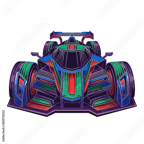 Futuristic race car illustration, featuring a detailed design with vibrant colors and geometric patterns.